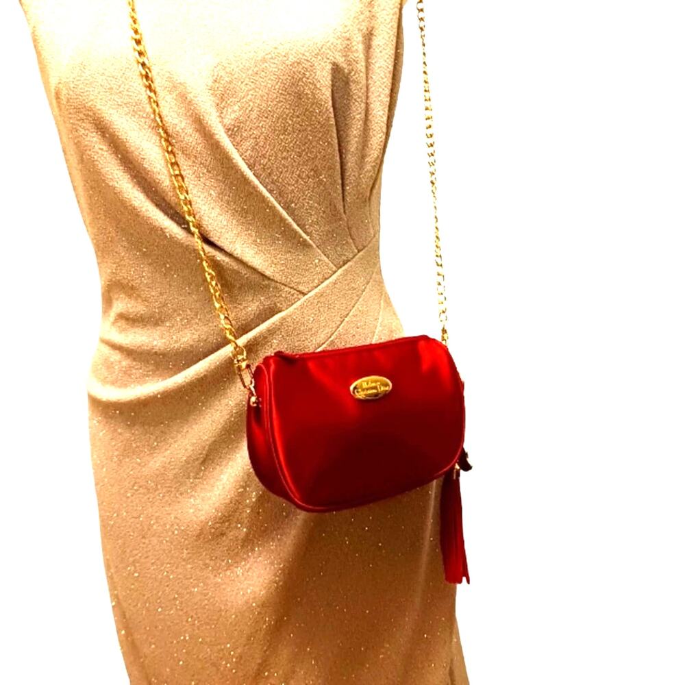 DIOR CROSSBODY Purse 6.5x4 Red Satin Beaute bag added‎ Crystal Tassel Gold Chain